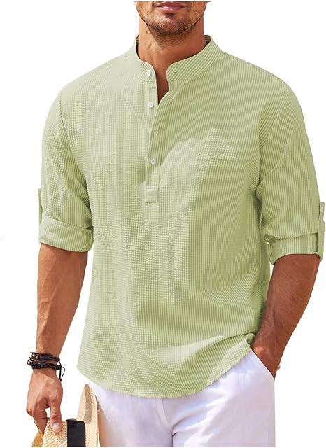 Men's Rolled Sleeve Stand-Up Collar Shirt in Fine Check Pattern