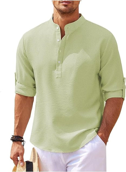 Men's Rolled Sleeve Stand-Up Collar Shirt in Fine Check Pattern