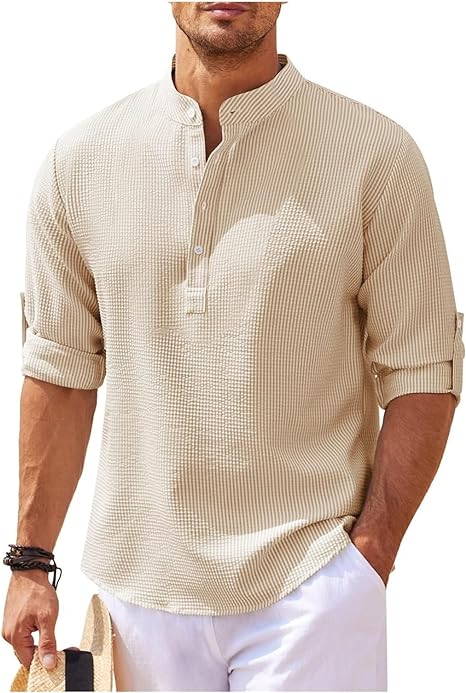 Men's Rolled Sleeve Stand-Up Collar Shirt in Fine Check Pattern