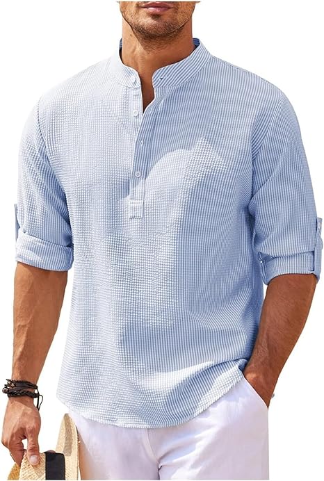 Men's Rolled Sleeve Stand-Up Collar Shirt in Fine Check Pattern