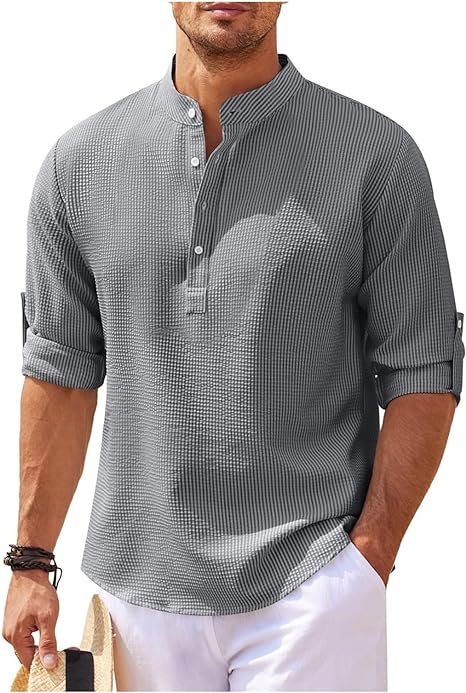 Men's Rolled Sleeve Stand-Up Collar Shirt in Fine Check Pattern