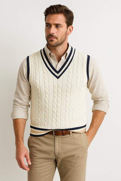 Men's Sleeveless V-Neck Cable Knit Sweater