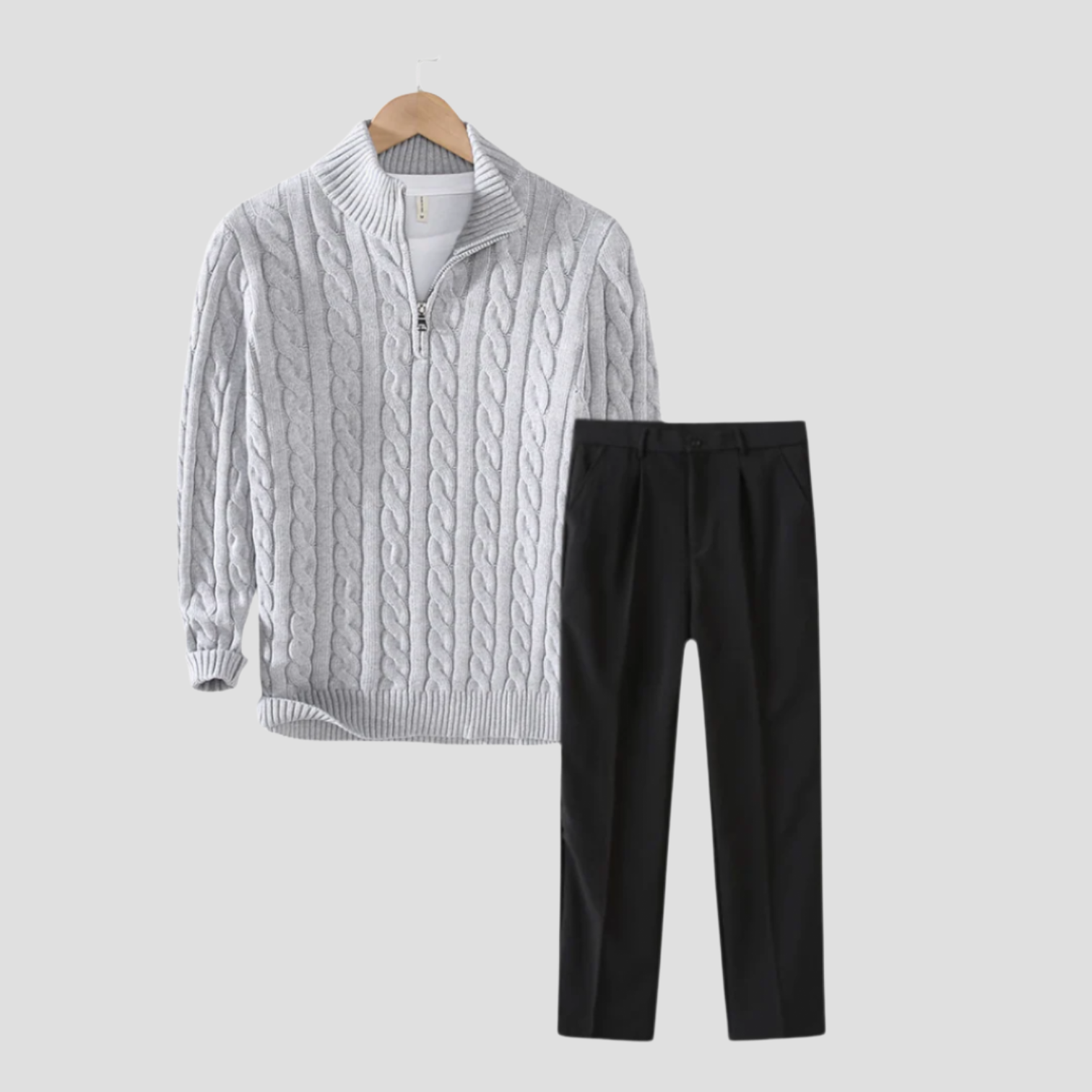 Men's Slim-Fit Cable Knit Sweater and Tailored Trousers Set