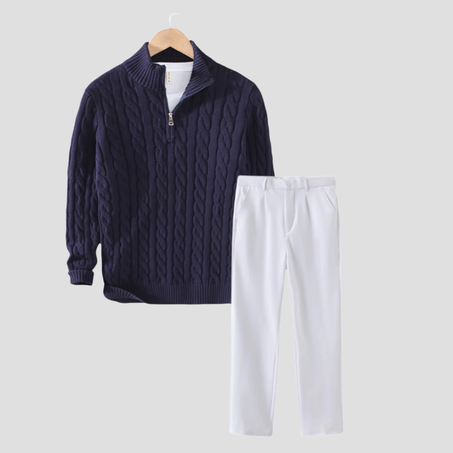 Men's Slim-Fit Cable Knit Sweater and Tailored Trousers Set
