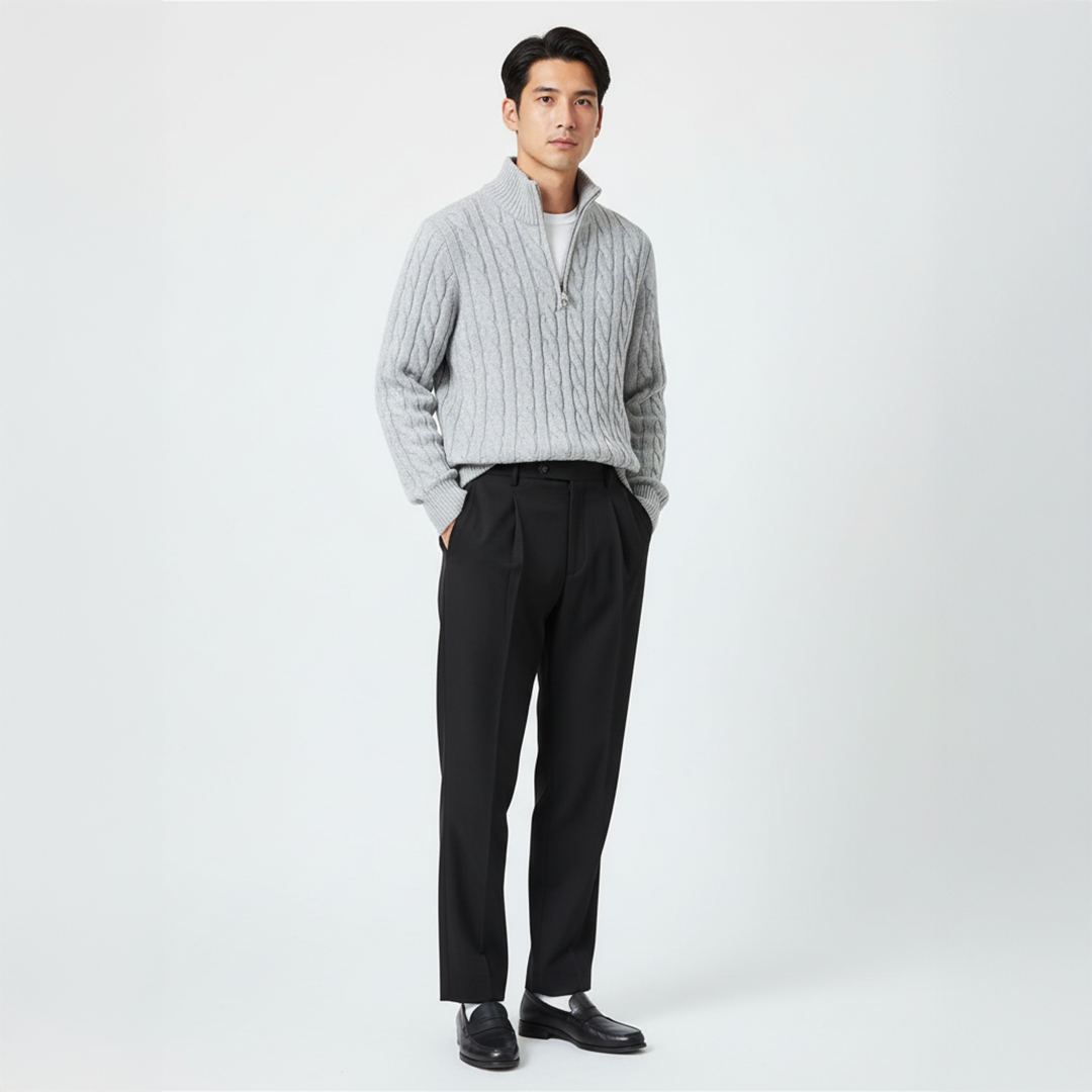 Men's Slim-Fit Cable Knit Sweater and Tailored Trousers Set