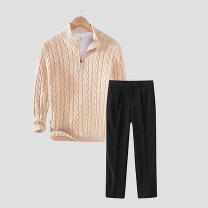 Men's Slim-Fit Cable Knit Sweater and Tailored Trousers Set