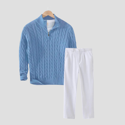 Men's Slim-Fit Cable Knit Sweater and Tailored Trousers Set
