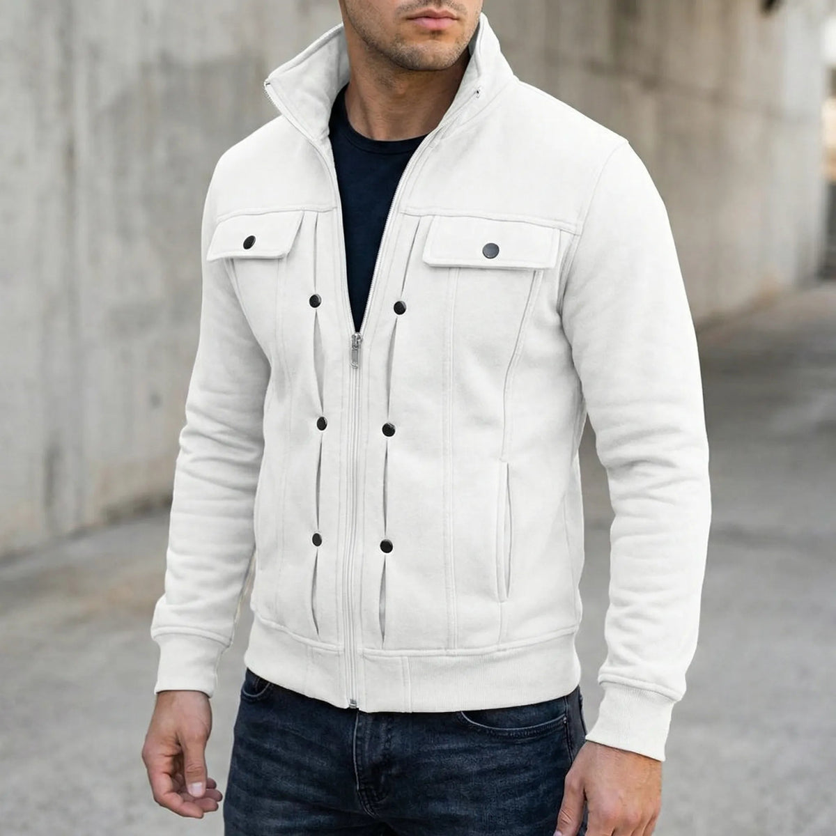 Men's Slim Fit Jacket with Stand-Up Collar and Zipper