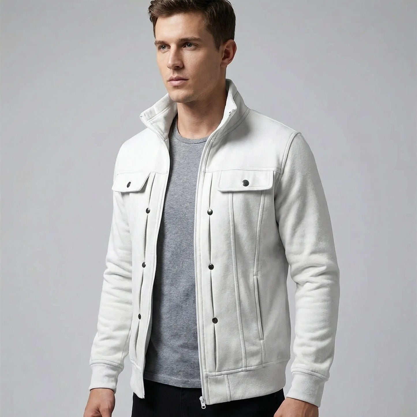 Men's Slim Fit Jacket with Stand-Up Collar and Zipper