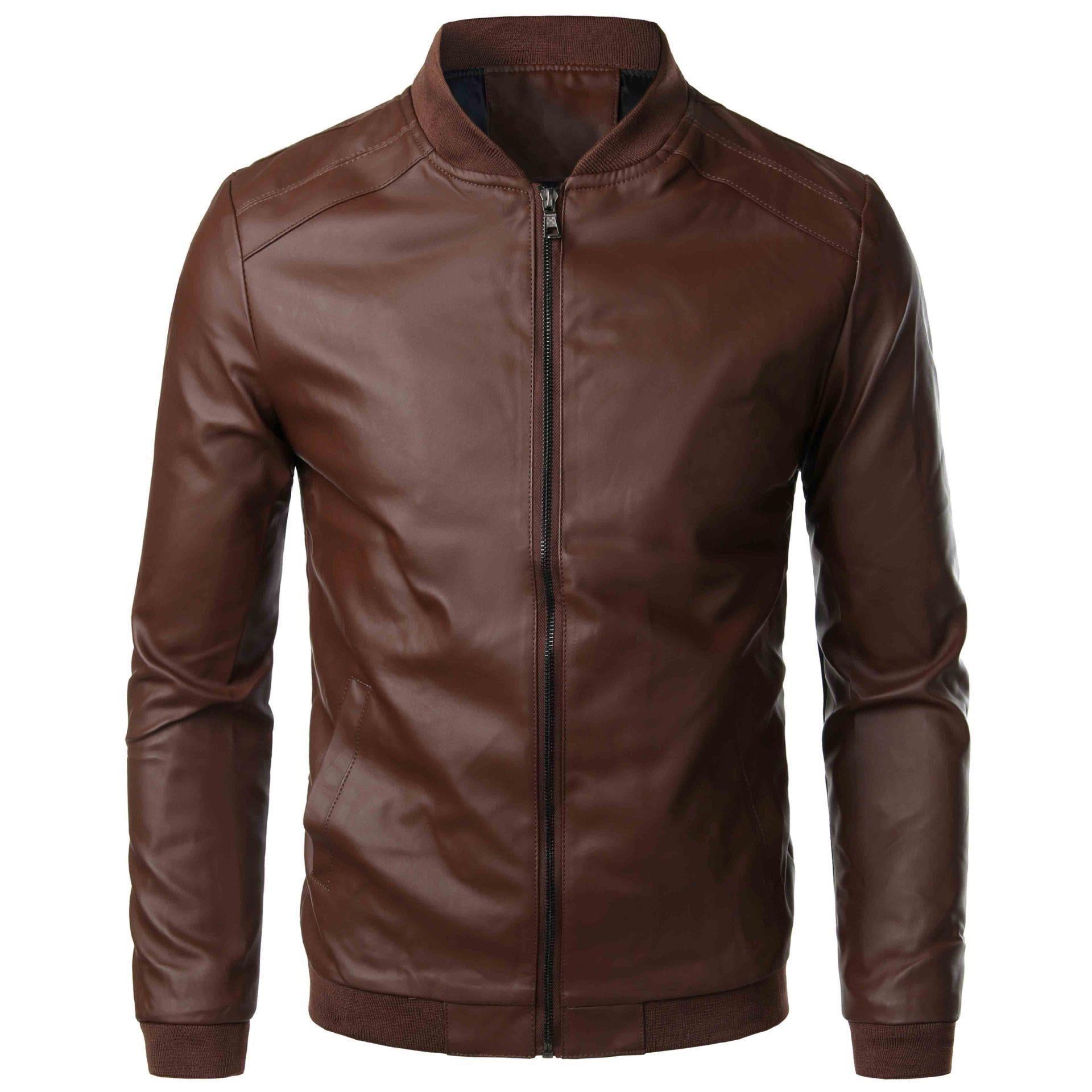 Men's Slim Fit Leather Jacket with Stand Collar