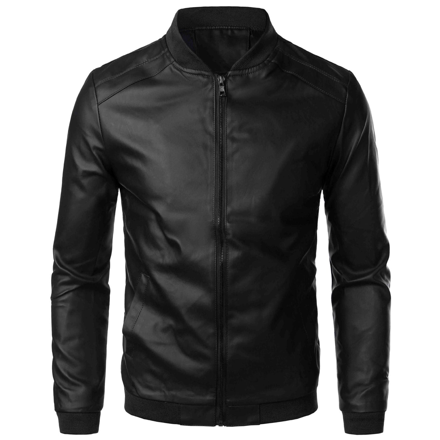 Men's Slim Fit Leather Jacket with Stand Collar