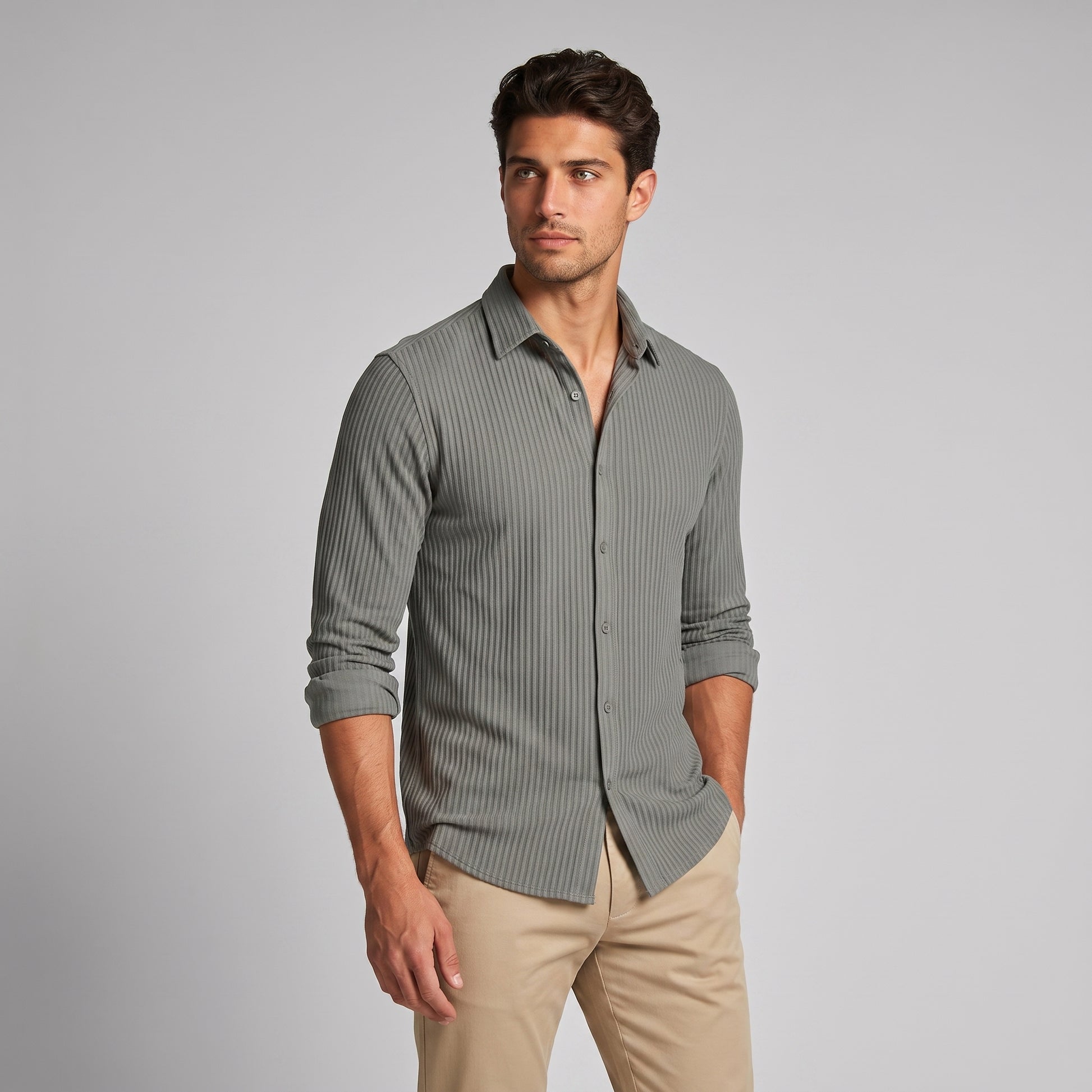 Men's Slim Fit Ribbed Button-Down Dress Shirt