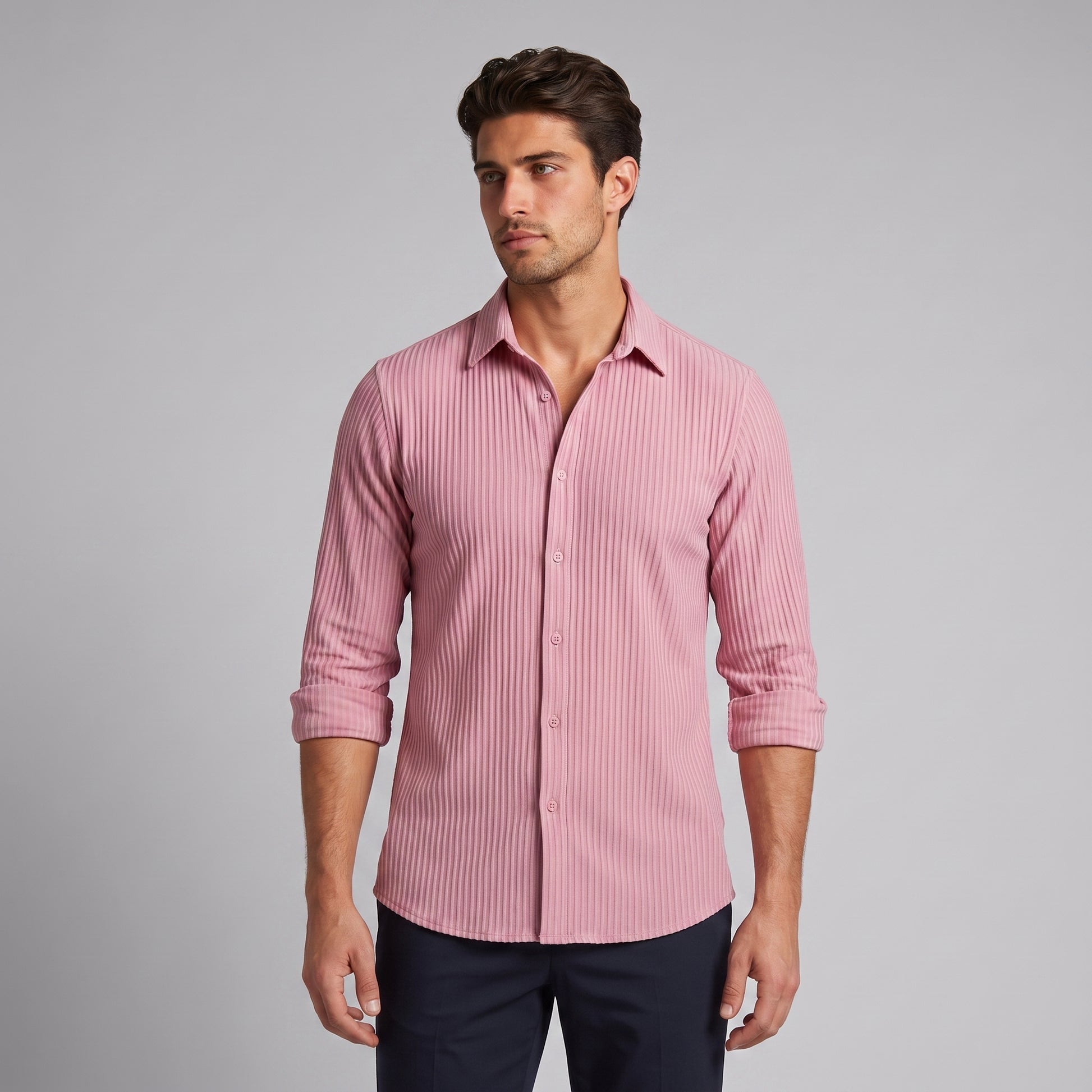 Men's Slim Fit Ribbed Button-Down Dress Shirt