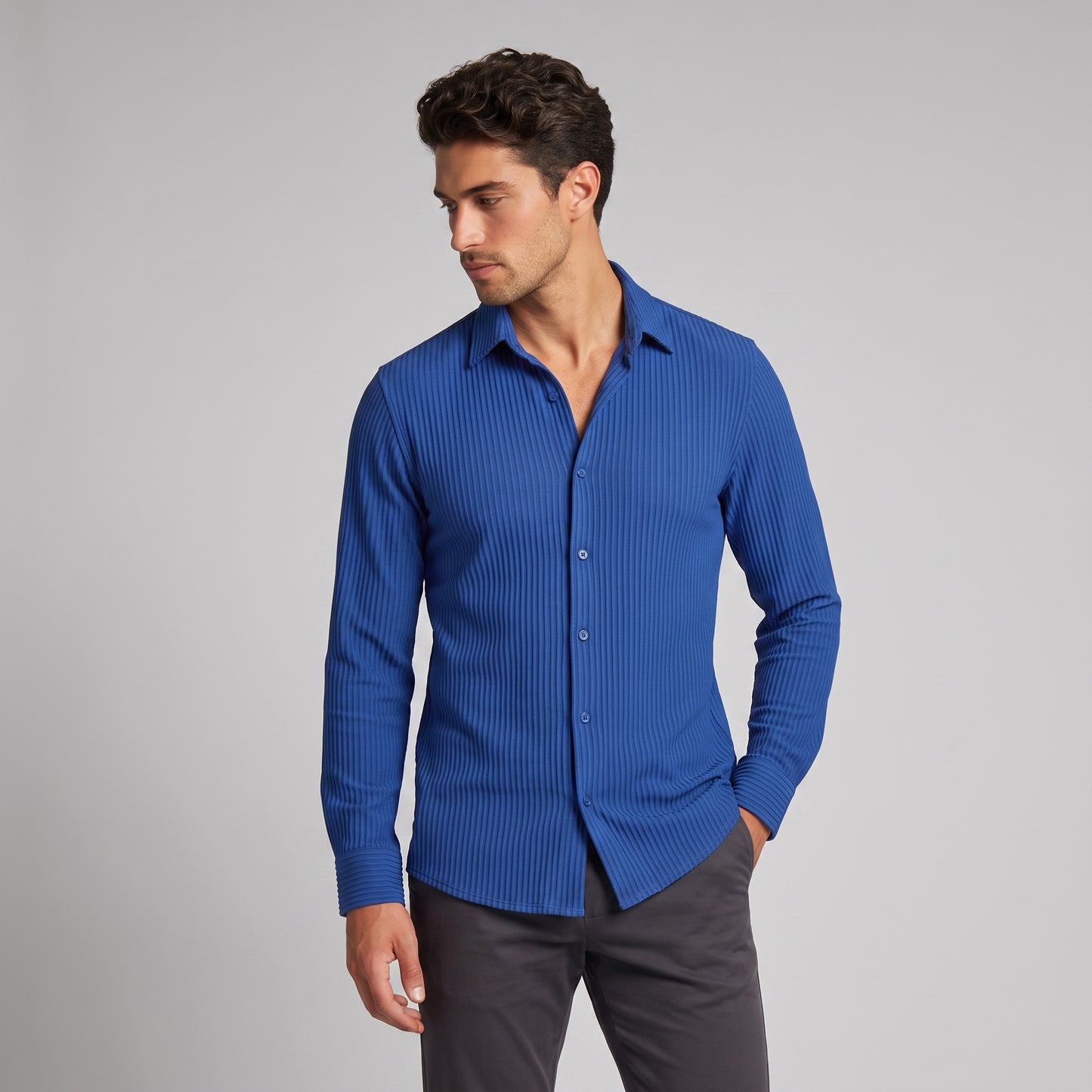 Men's Slim Fit Ribbed Button-Down Dress Shirt