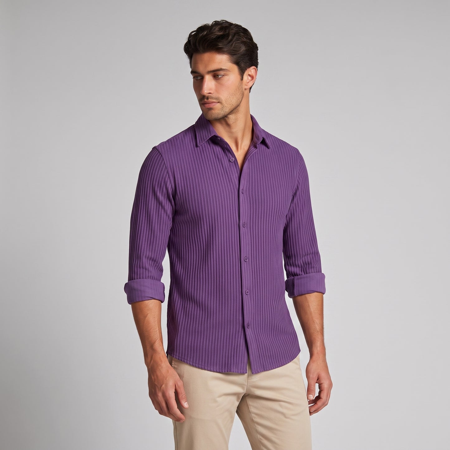 Men's Slim Fit Ribbed Button-Down Dress Shirt