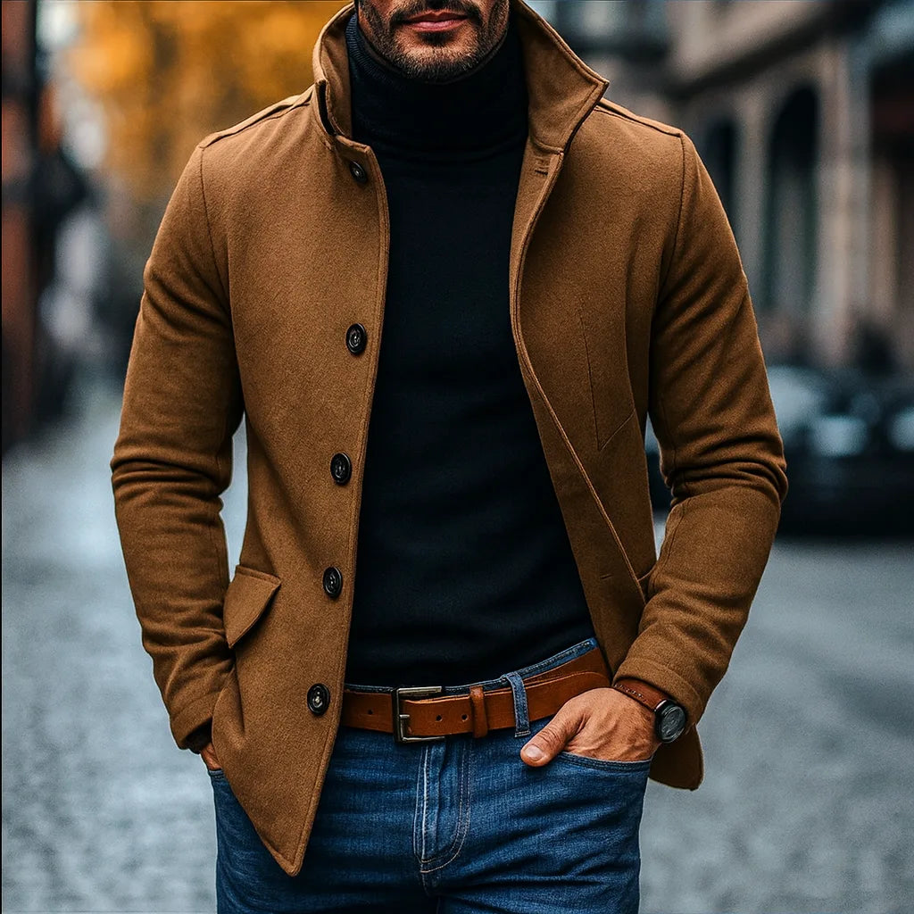 Men's Slim Fit Wool Blend Jacket with Stand Collar