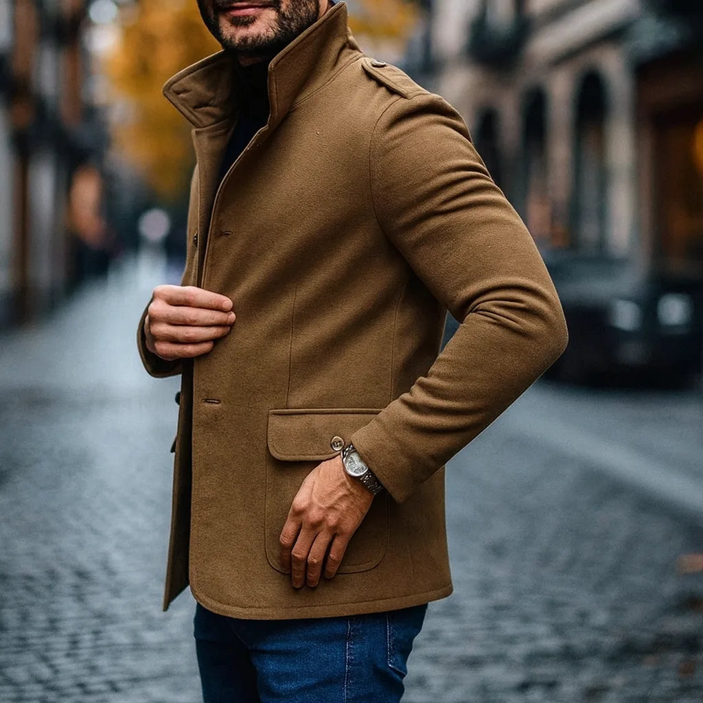 Men's Slim Fit Wool Blend Jacket with Stand Collar