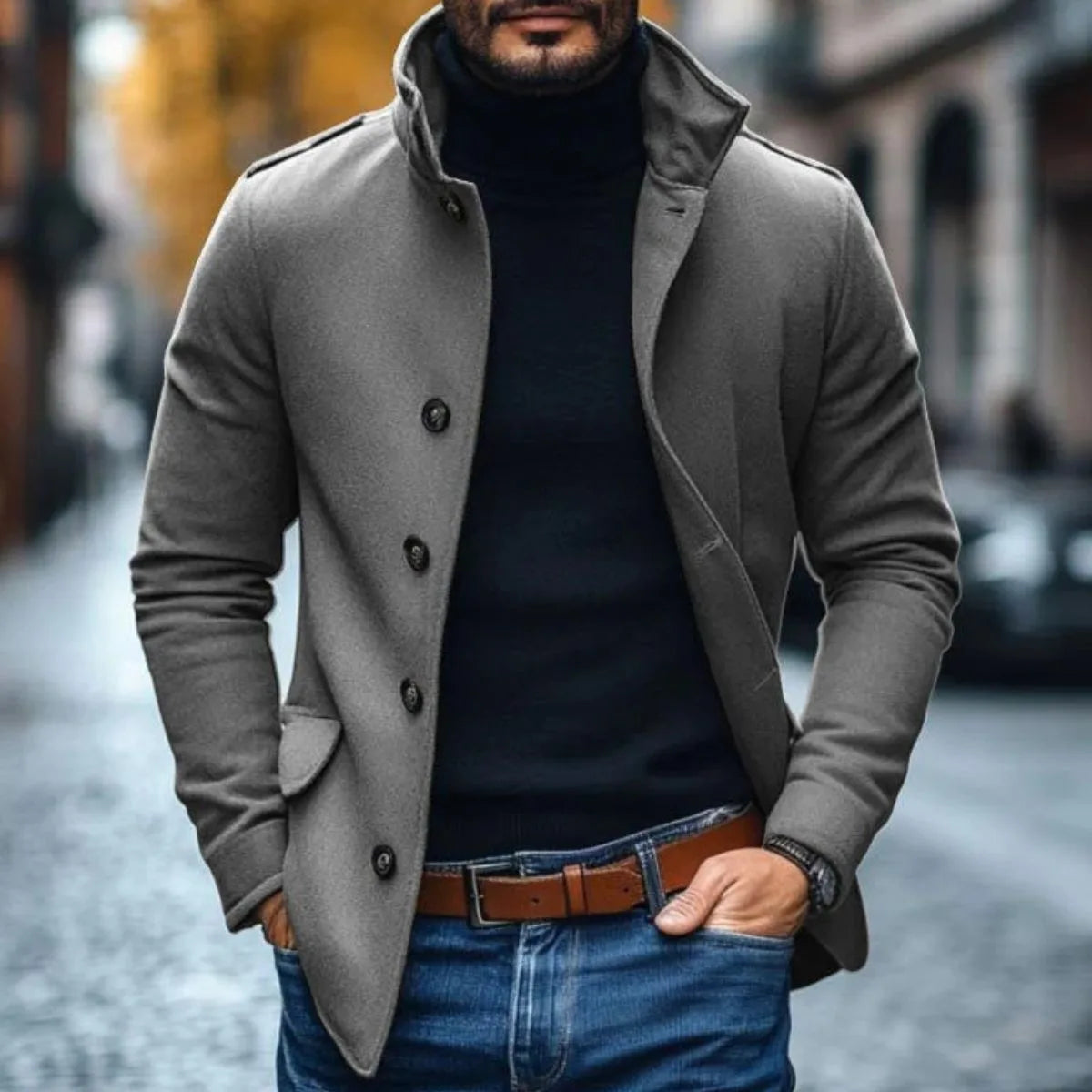 Men's Slim Fit Wool Blend Jacket with Stand Collar