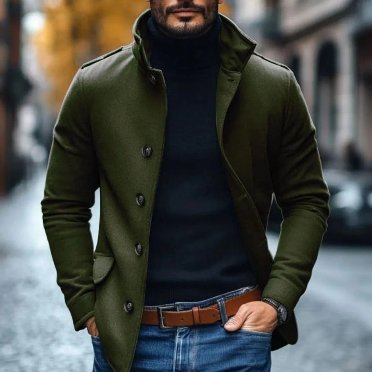 Men's Slim Fit Wool Blend Jacket with Stand Collar