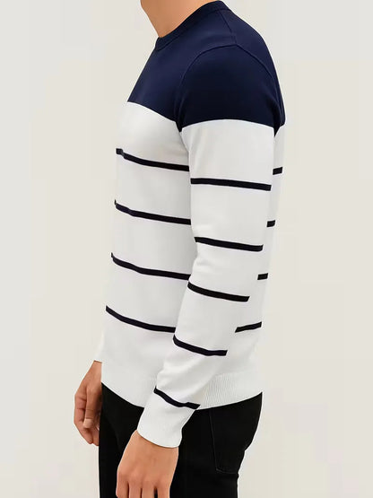 Men's Striped Round Neck Sweater with Long Sleeves