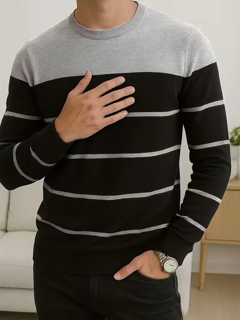 Men's Striped Round Neck Sweater with Long Sleeves