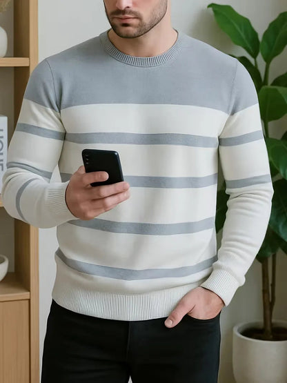 Men's Striped Round Neck Sweater with Long Sleeves