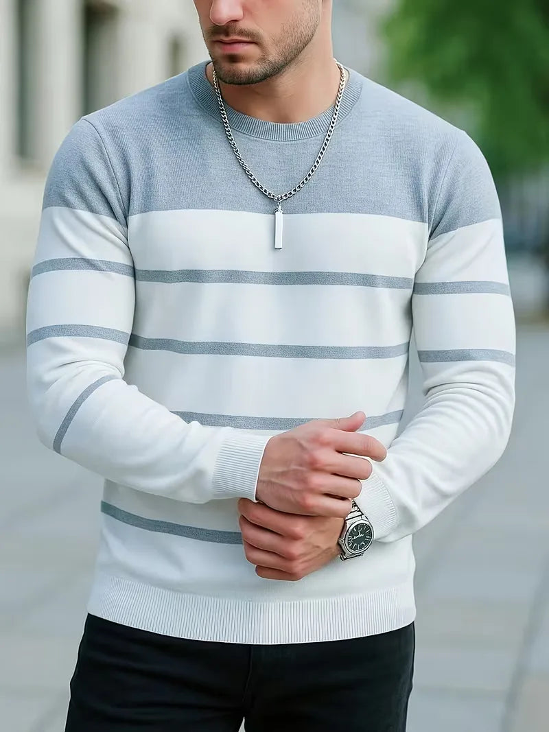 Men's Striped Round Neck Sweater with Long Sleeves