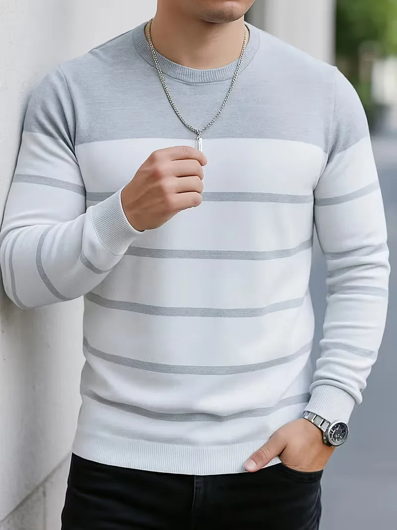 Men's Striped Round Neck Sweater with Long Sleeves
