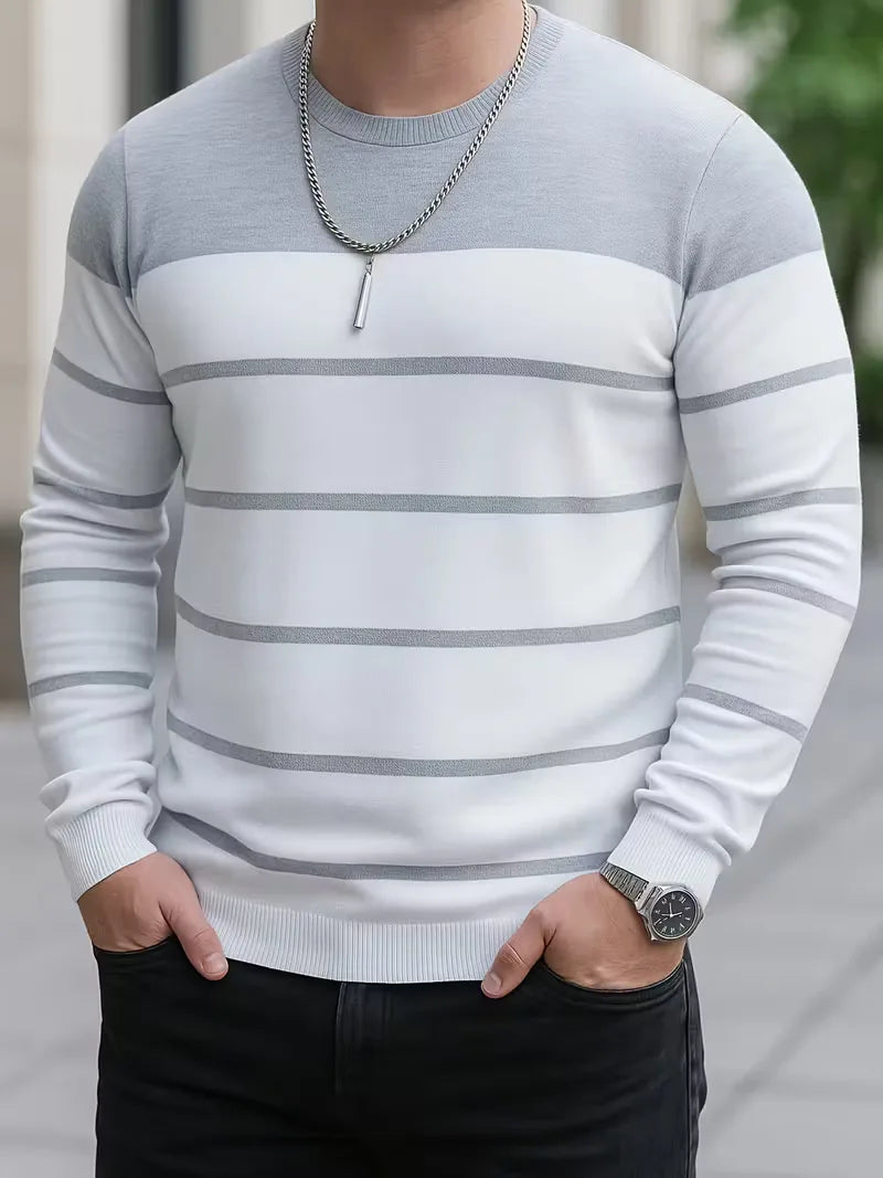 Men's Striped Round Neck Sweater with Long Sleeves