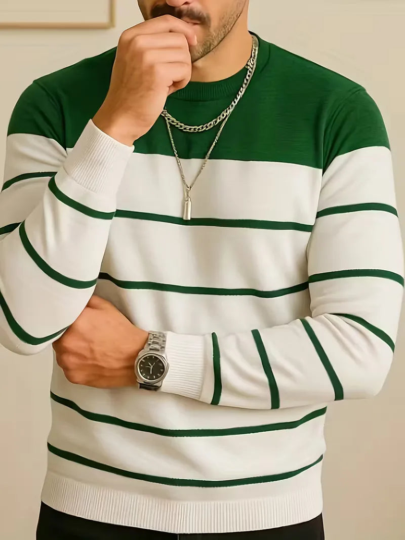 Men's Striped Round Neck Sweater with Long Sleeves