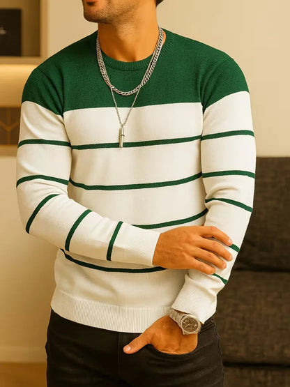 Men's Striped Round Neck Sweater with Long Sleeves