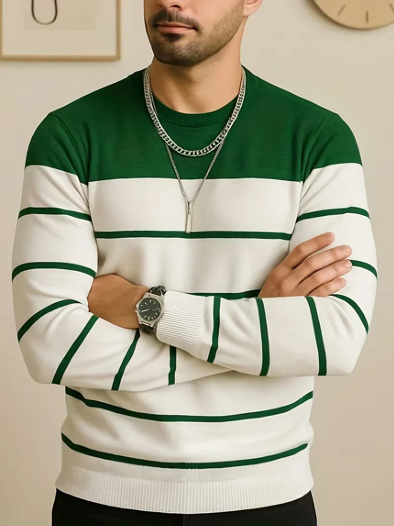 Men's Striped Round Neck Sweater with Long Sleeves