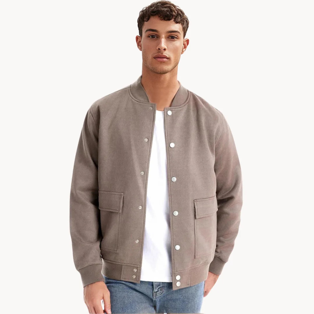 Men's Suede Bomber Jacket with Round Neck