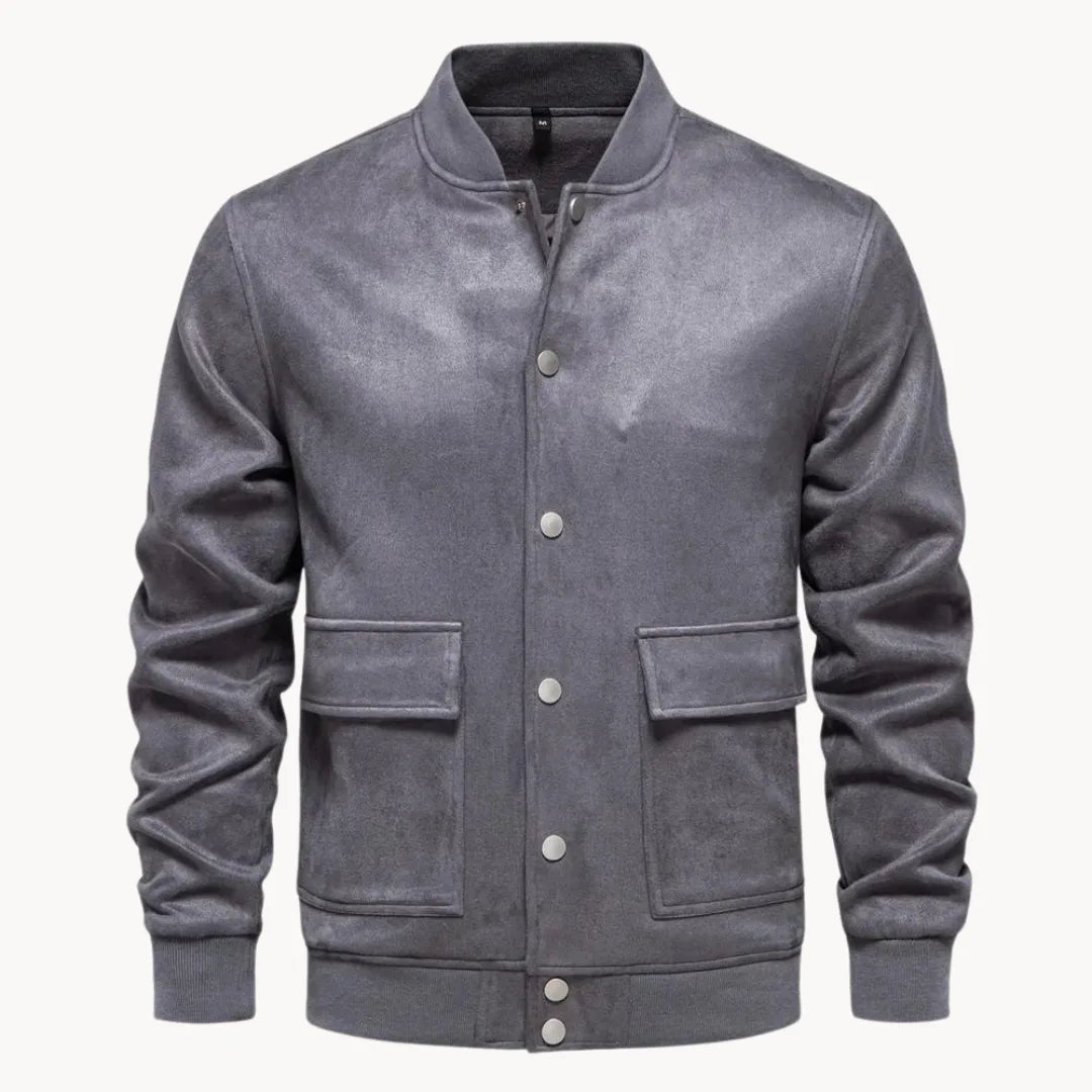 Men's Suede Bomber Jacket with Round Neck