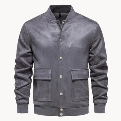 Men's Suede Bomber Jacket with Round Neck