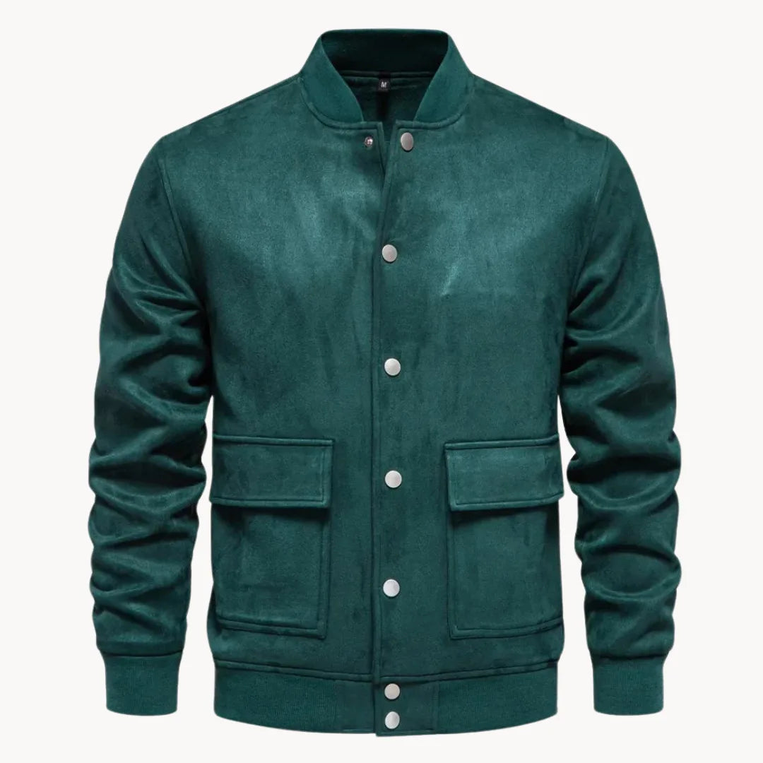 Men's Suede Bomber Jacket with Round Neck