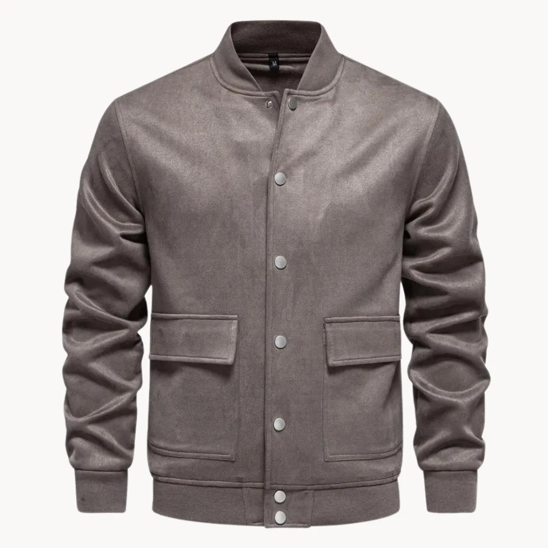 Men's Suede Bomber Jacket with Round Neck