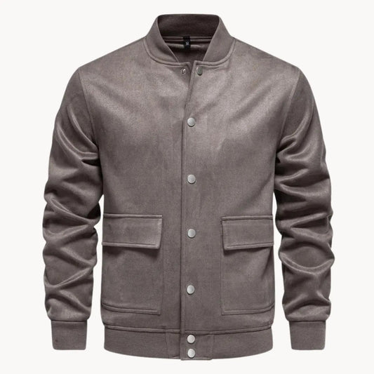 Men's Suede Bomber Jacket with Round Neck