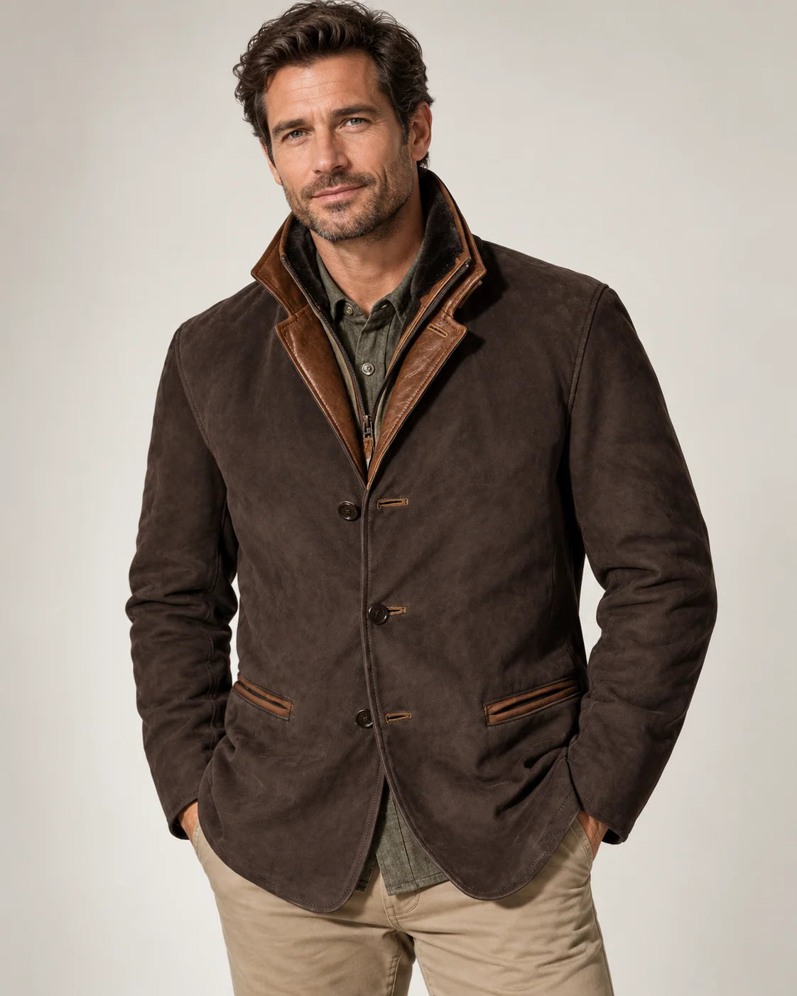 Men's Suede-Look Blazer Jacket with Classic Lapel