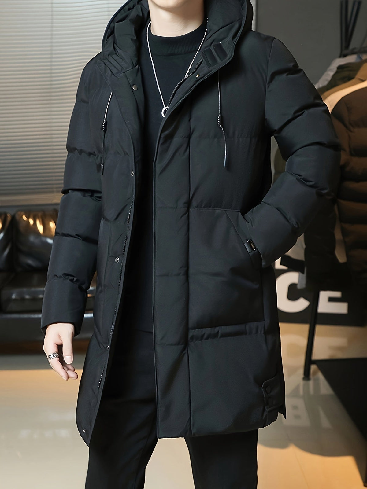 Men's Thick Padded Winter Jacket with Hood and Pockets