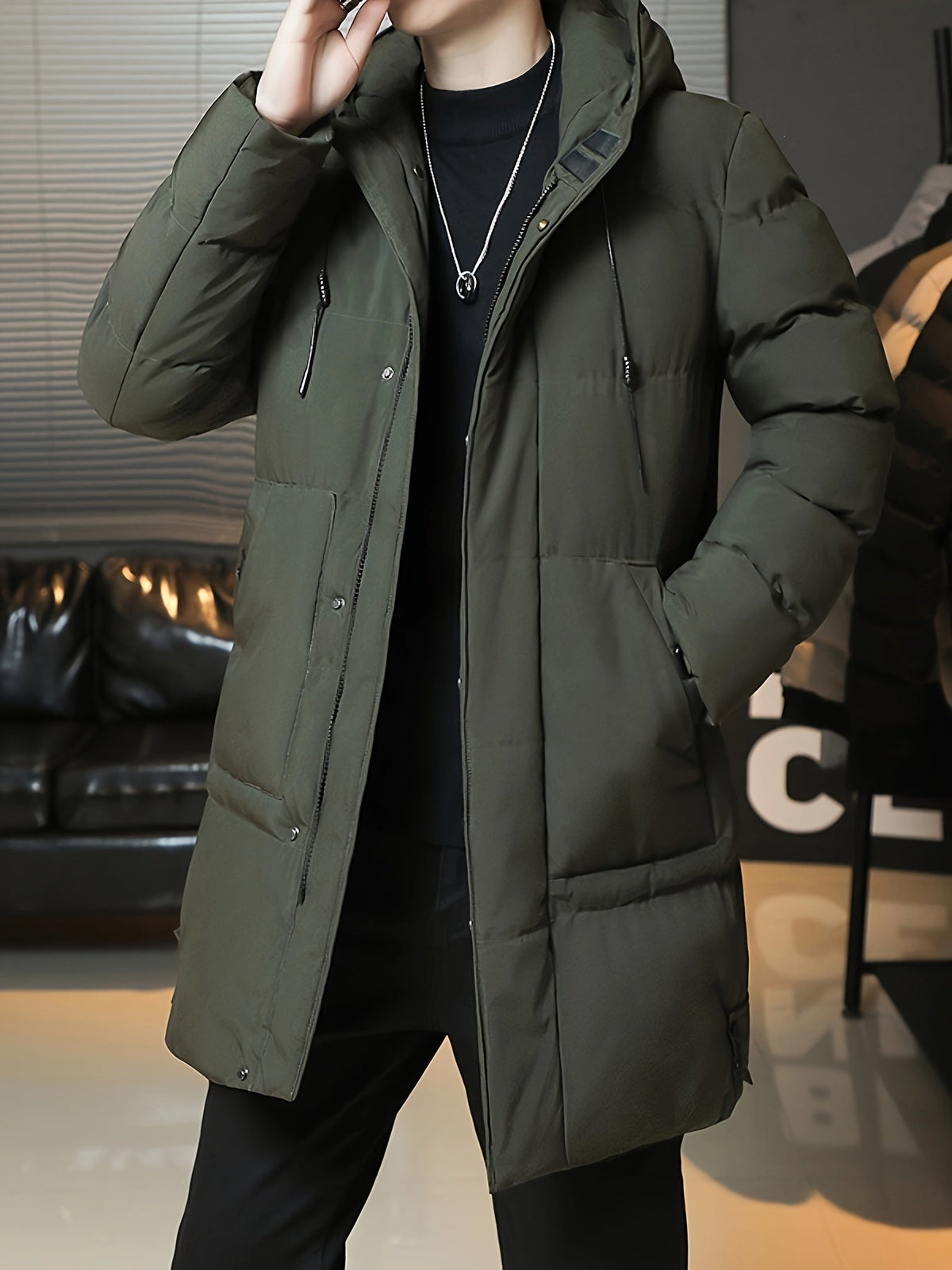 Men's Thick Padded Winter Jacket with Hood and Pockets