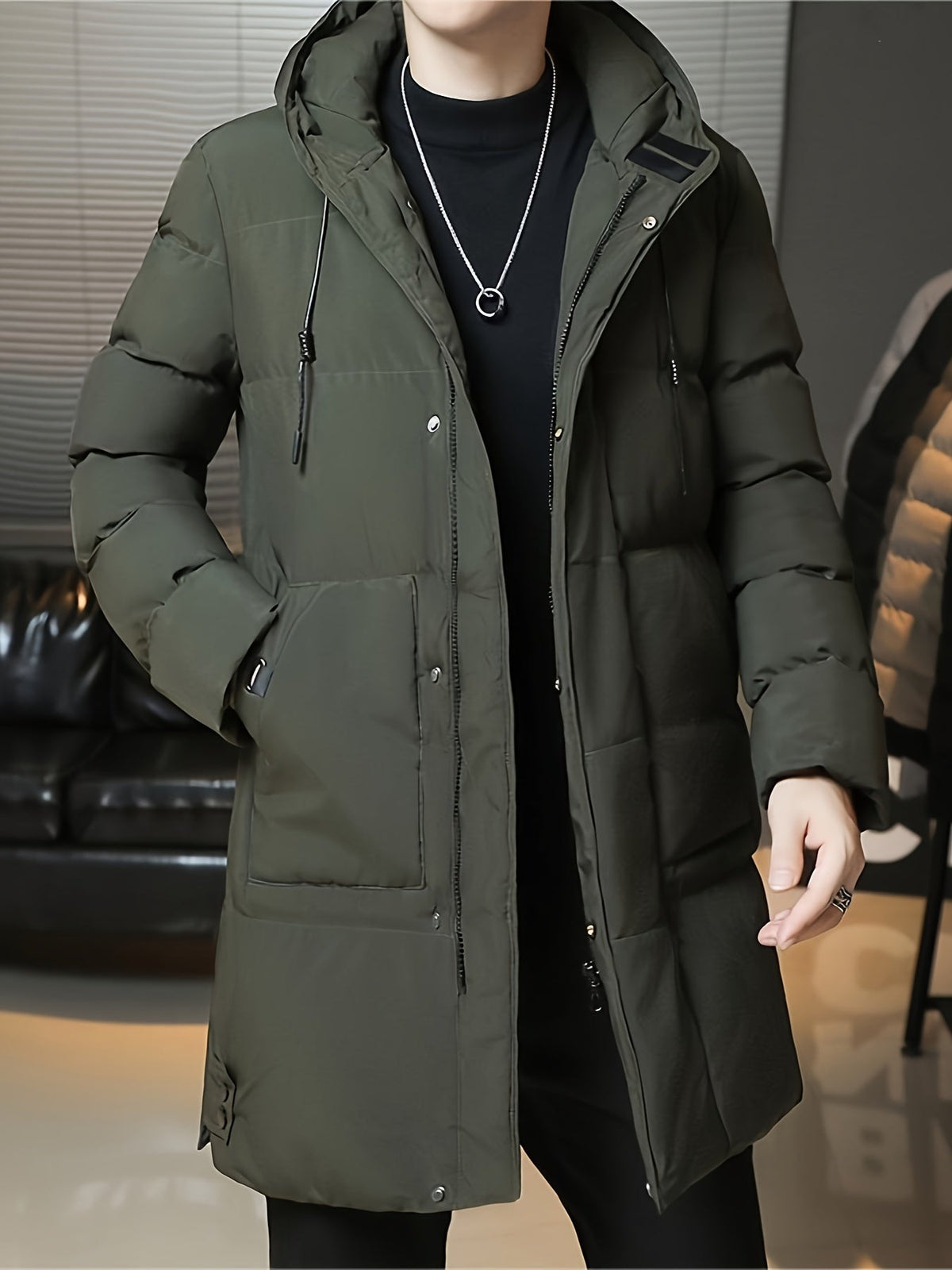 Men's Thick Padded Winter Jacket with Hood and Pockets