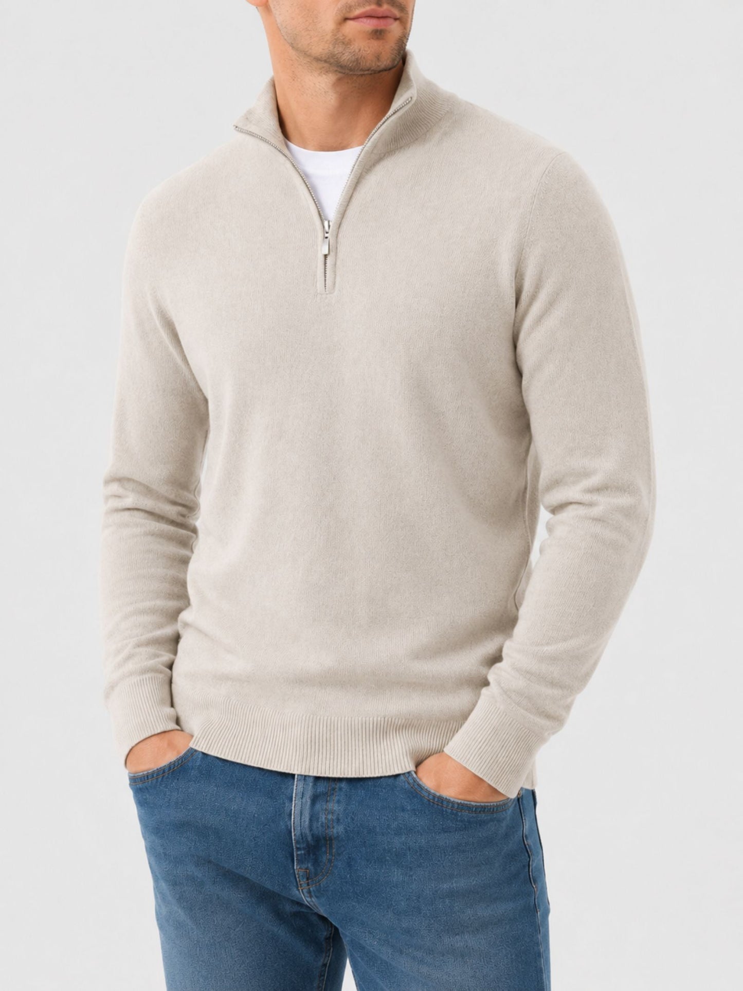 Men's V-Neck Sweater with Zipper Detail