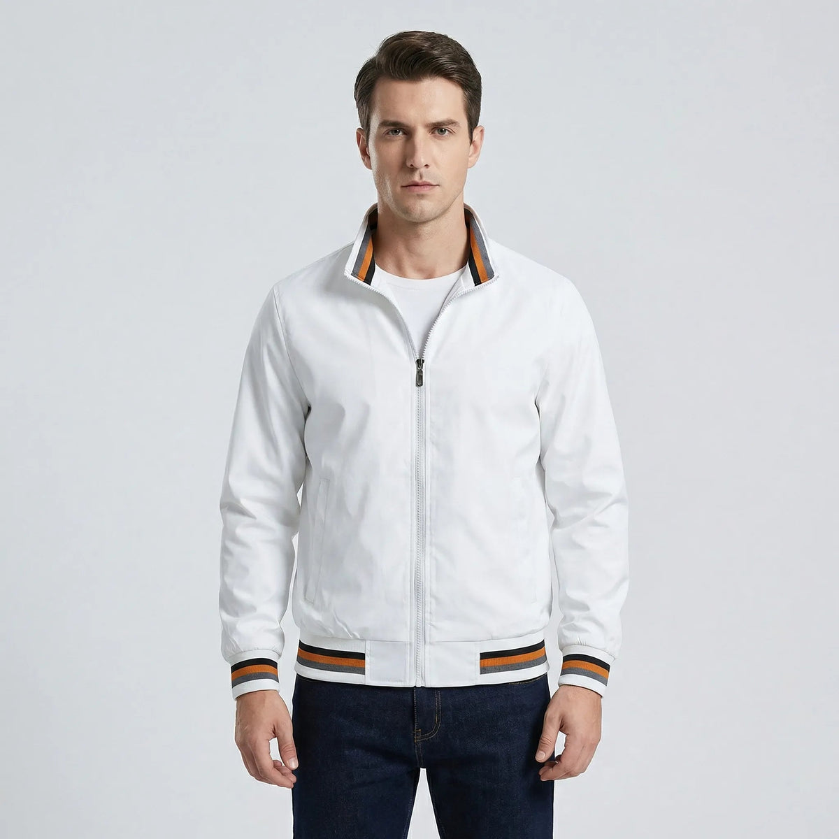 Men's Varsity Bomber Jacket with Striped Sleeves