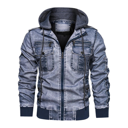 Men's Vintage PU Leather Winter Coat with Hood