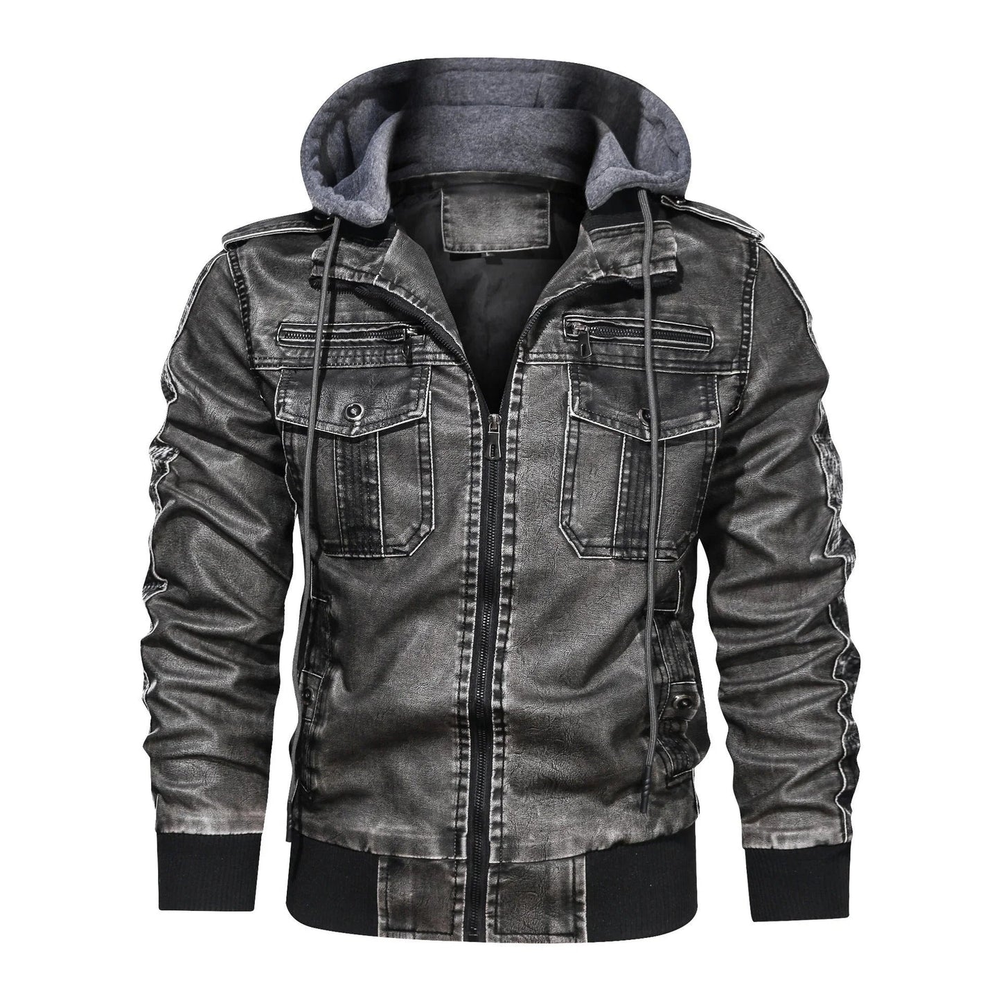Men's Vintage PU Leather Winter Coat with Hood