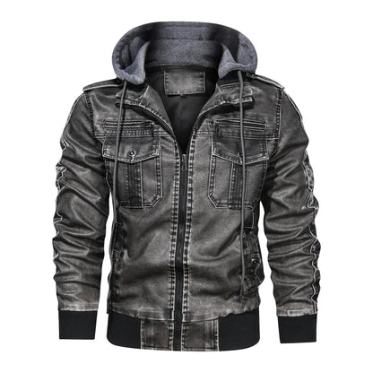 Men's Vintage PU Leather Winter Coat with Hood