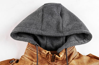 Men's Vintage PU Leather Winter Coat with Hood