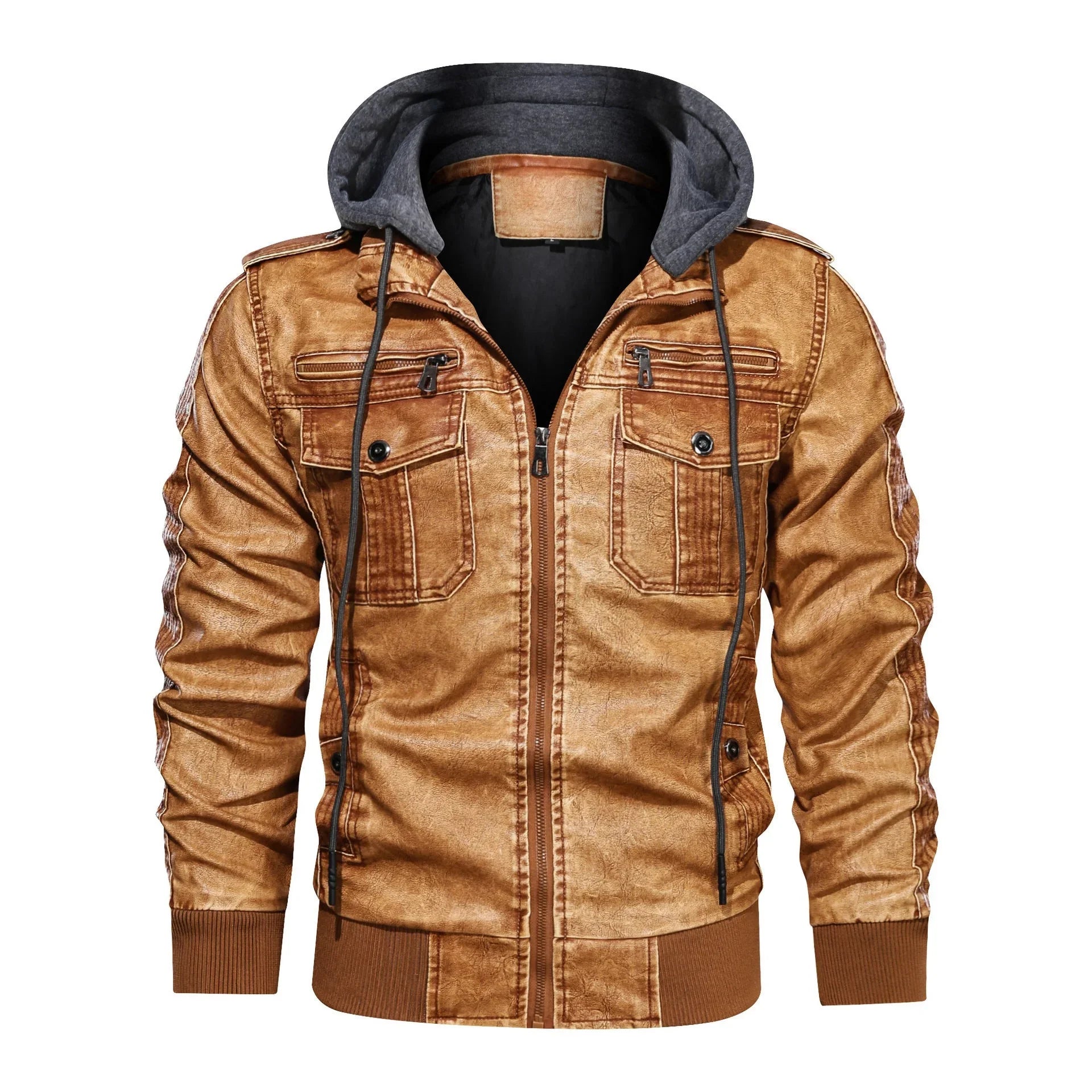 Men's Vintage PU Leather Winter Coat with Hood