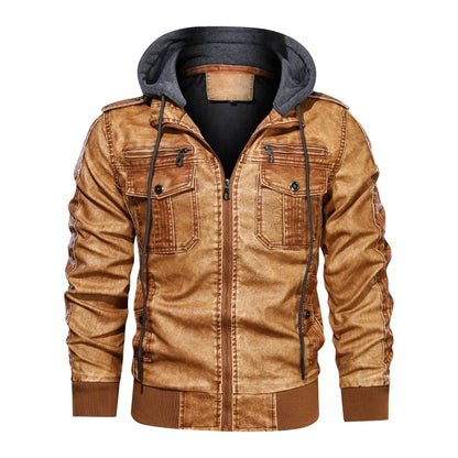 Men's Vintage PU Leather Winter Coat with Hood